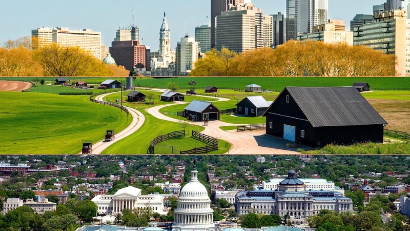 A Scenic View of Philadelphia's Skyline, Amish Country Farmland, and Washington DC's Iconic Landmarks