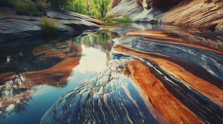 A tranquil pool of water reflecting colorful sandstone layers and green trees in Zion National Park, with smooth, curved rock formations