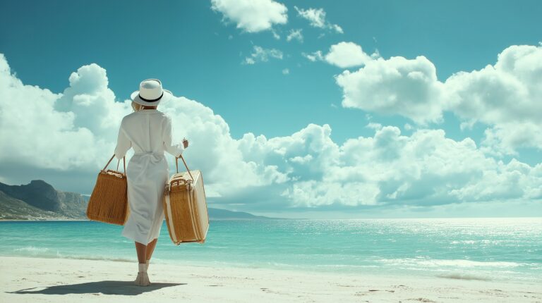 A woman dressed in white with a sun hat walks along a pristine beach, carrying two woven travel bags, with the ocean and mountains in the background