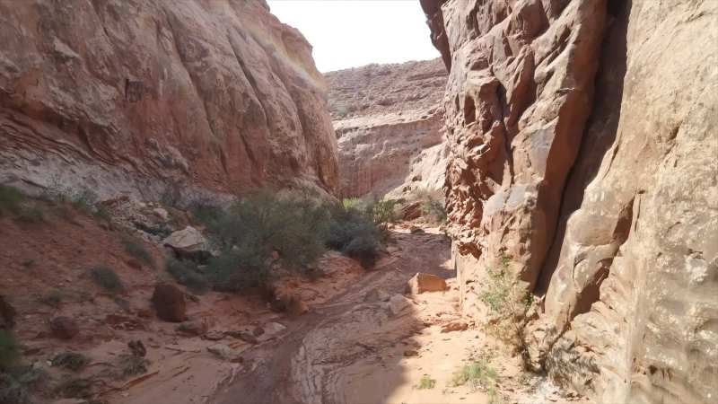 Remote and rugged trail through Moonshine Wash Canyon with natural sandstone curves