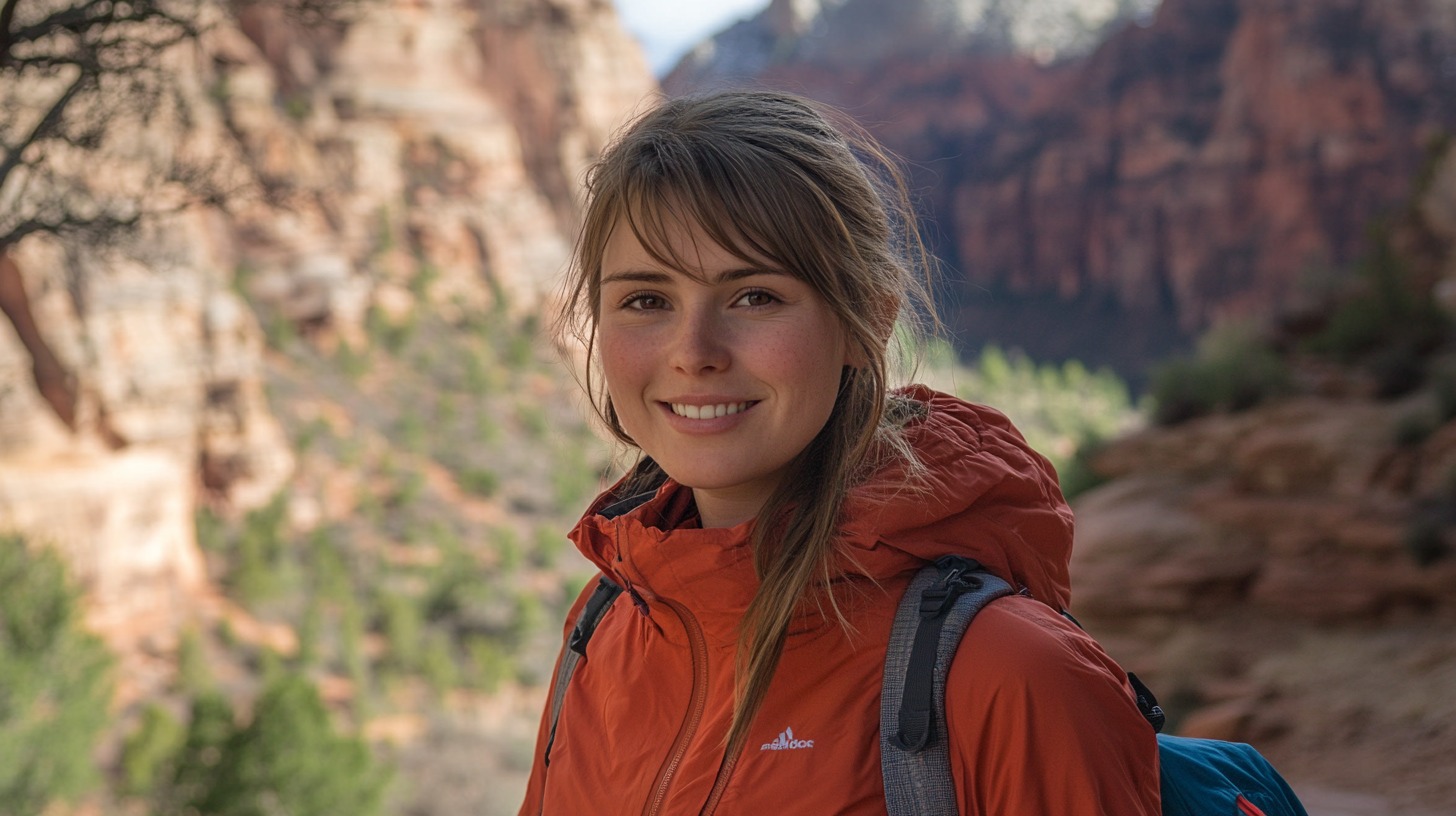 Smiling hiker in an orange jacket with red rock canyons in the background