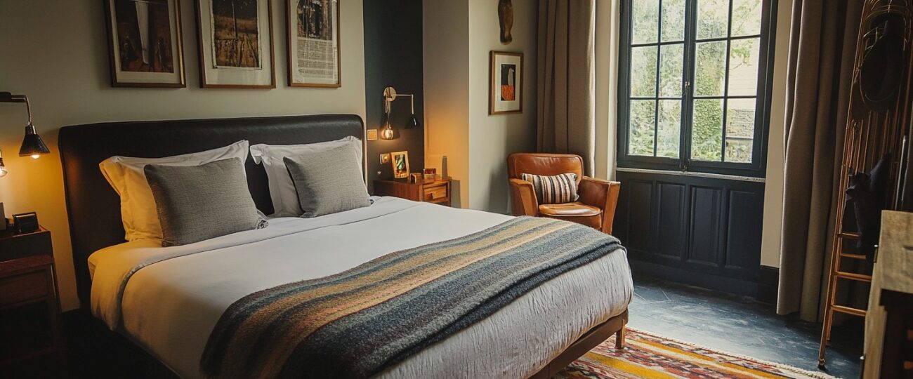 Warm, stylish hotel room with a large bed, leather chair, and window view