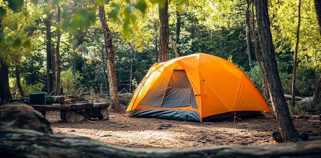 Bright orange tent set up in a forest campsite near Arches National Park