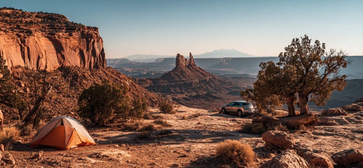Scenic desert campsite in Canyonlands National Park with a tent and car overlooking rocky formations at sunset