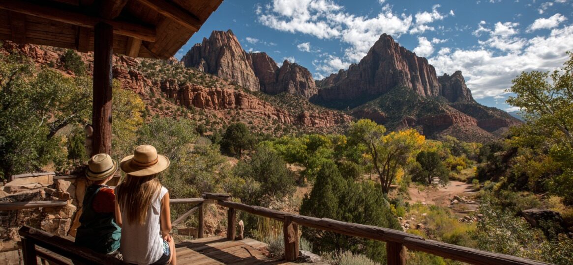 Two people in hats sitting on a wooden porch, overlooking Zion National Park's red rock cliffs and forested valley