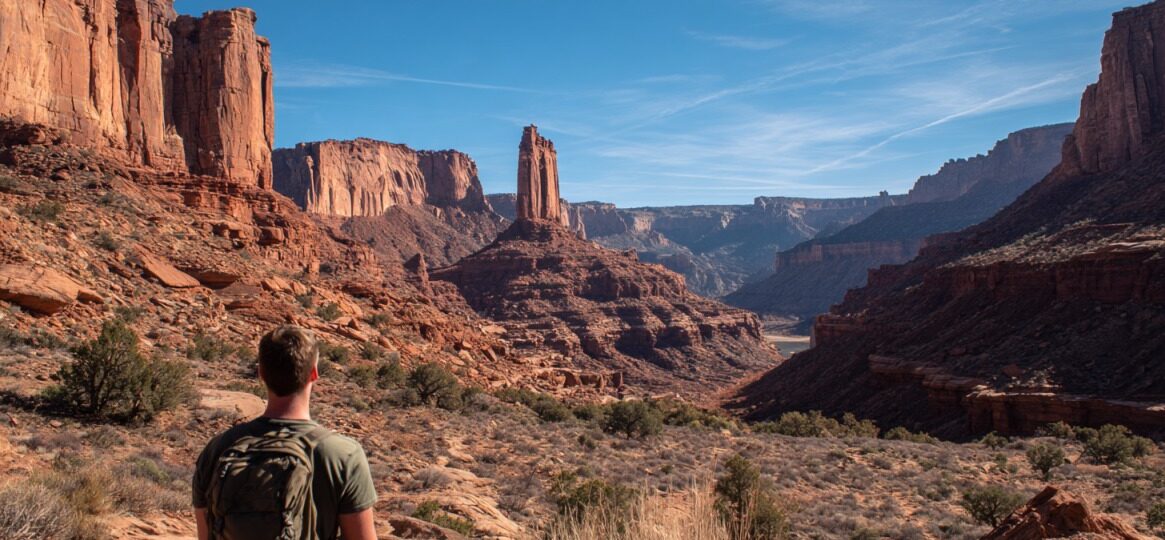 A person with a backpack stands on a desert trail overlooking towering red rock formations and canyons in Moab, Utah