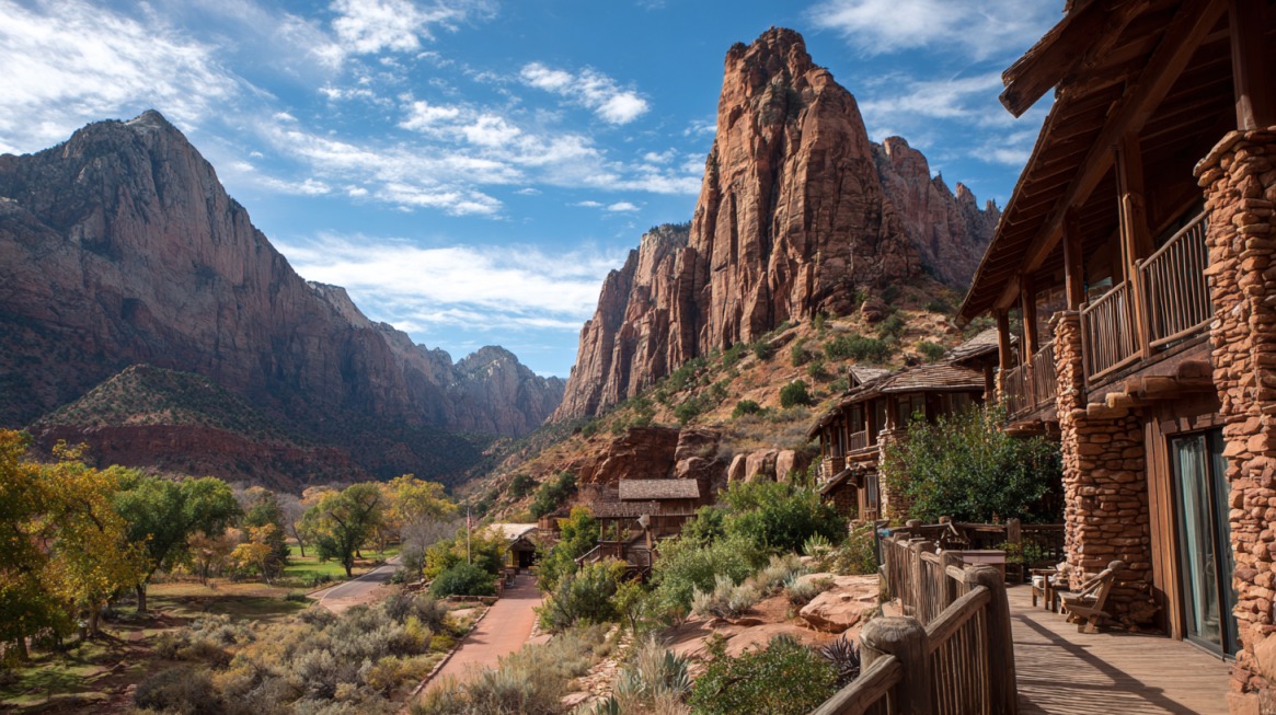 Scenic view of red rock mountains and rustic lodge buildings near Zion National Park