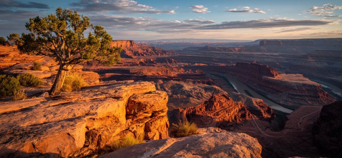 A scenic overlook at Dead Horse Point State Park showing deep red canyons and the Colorado River winding through, with a lone tree on a rocky cliff