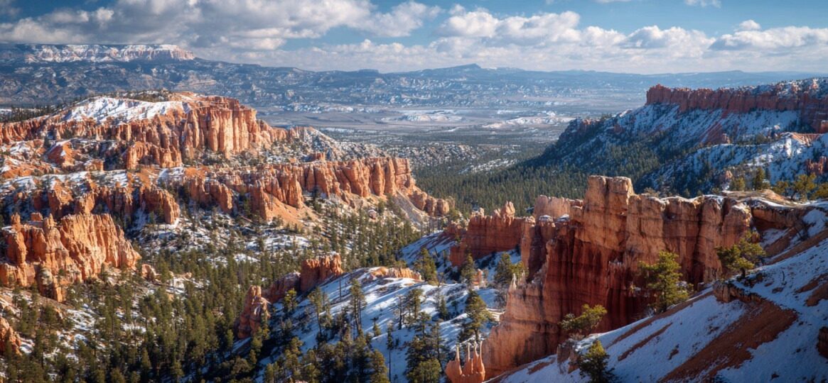 Snow-dusted red rock formations at Bryce Canyon with pine trees and blue sky