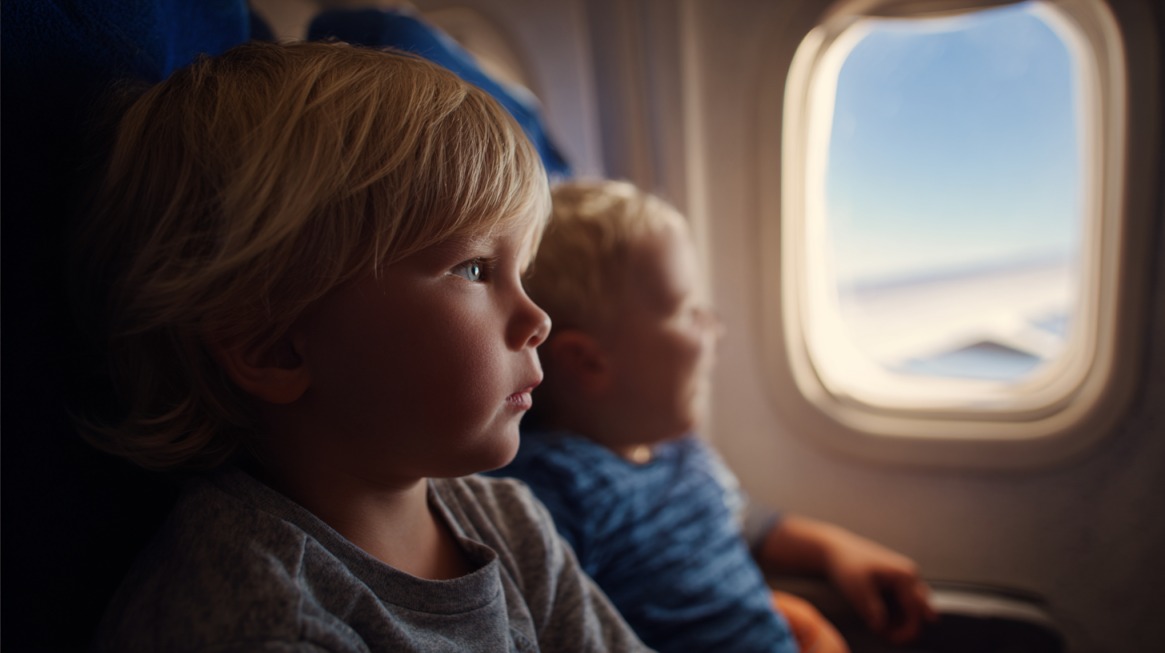 Two young children sitting on an airplane, gazing out the window during a flight