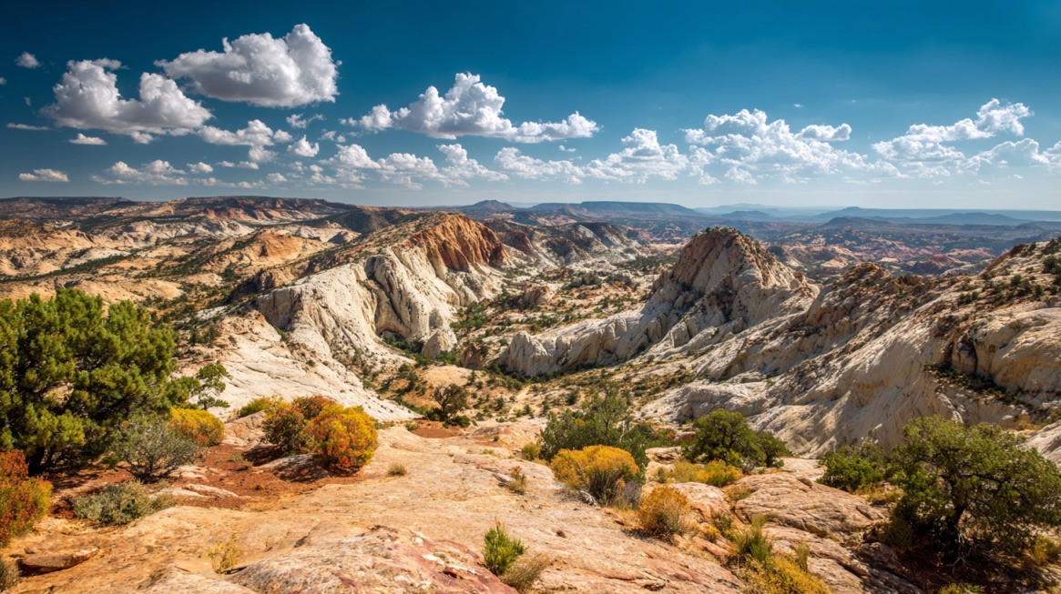 Expansive view of rocky ridges, colorful cliffs, and desert vegetation in Grand Staircase-Escalante National Monument under a blue sky with scattered clouds