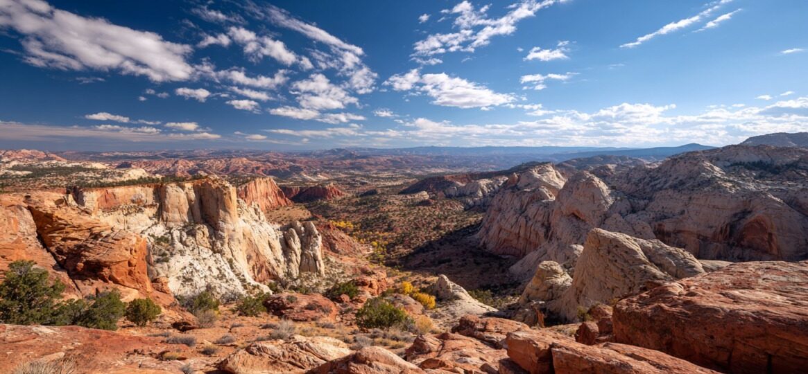 Scenic view of Grand Staircase-Escalante National Monument with red rock formations and a wide desert valley under a blue sky