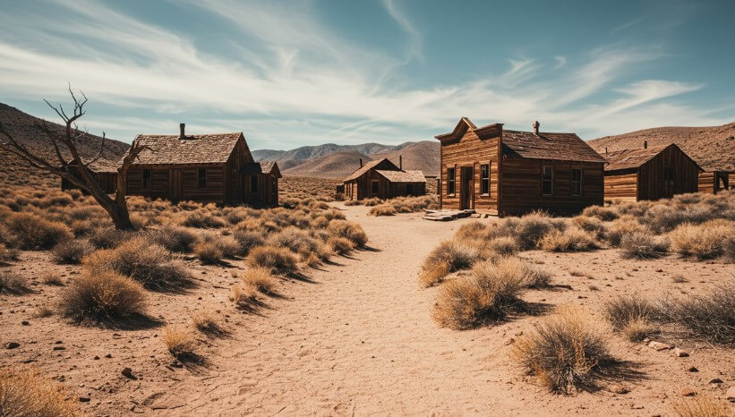 A faded ghost town, weathered by time and sun