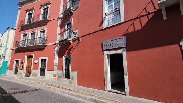 The red building houses the Diego Rivera Museum in Guanajuato, Mexico