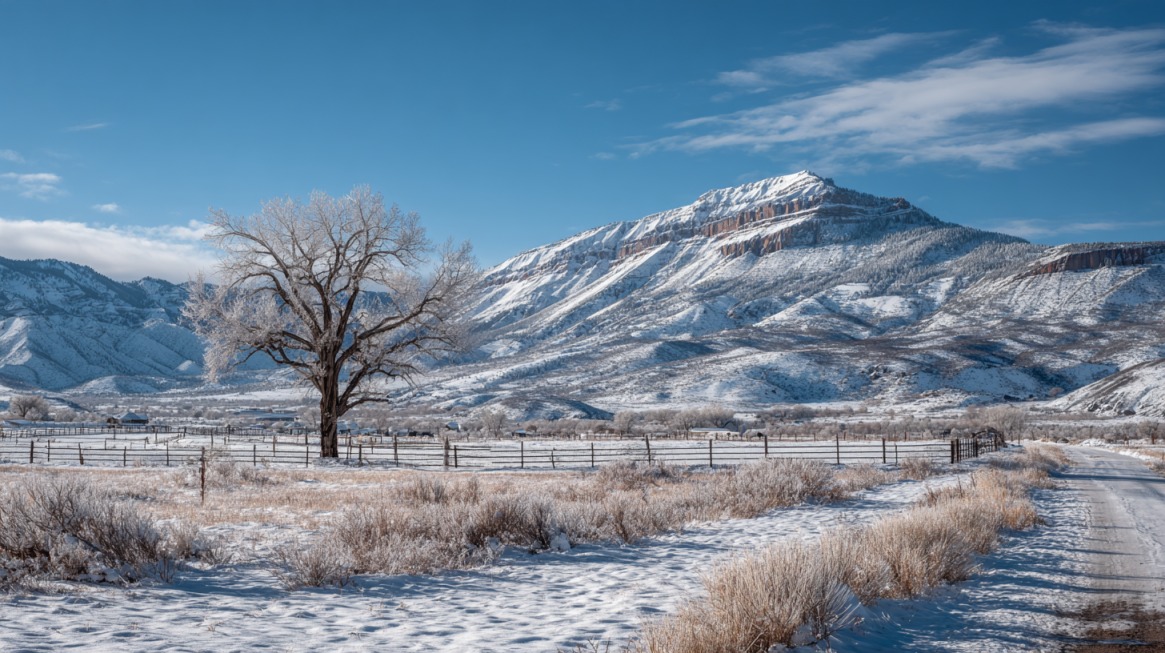 Winter landscape of Alton, Utah showing a lone tree in a snow-covered field, wooden fences, and majestic mountains under a bright blue sky