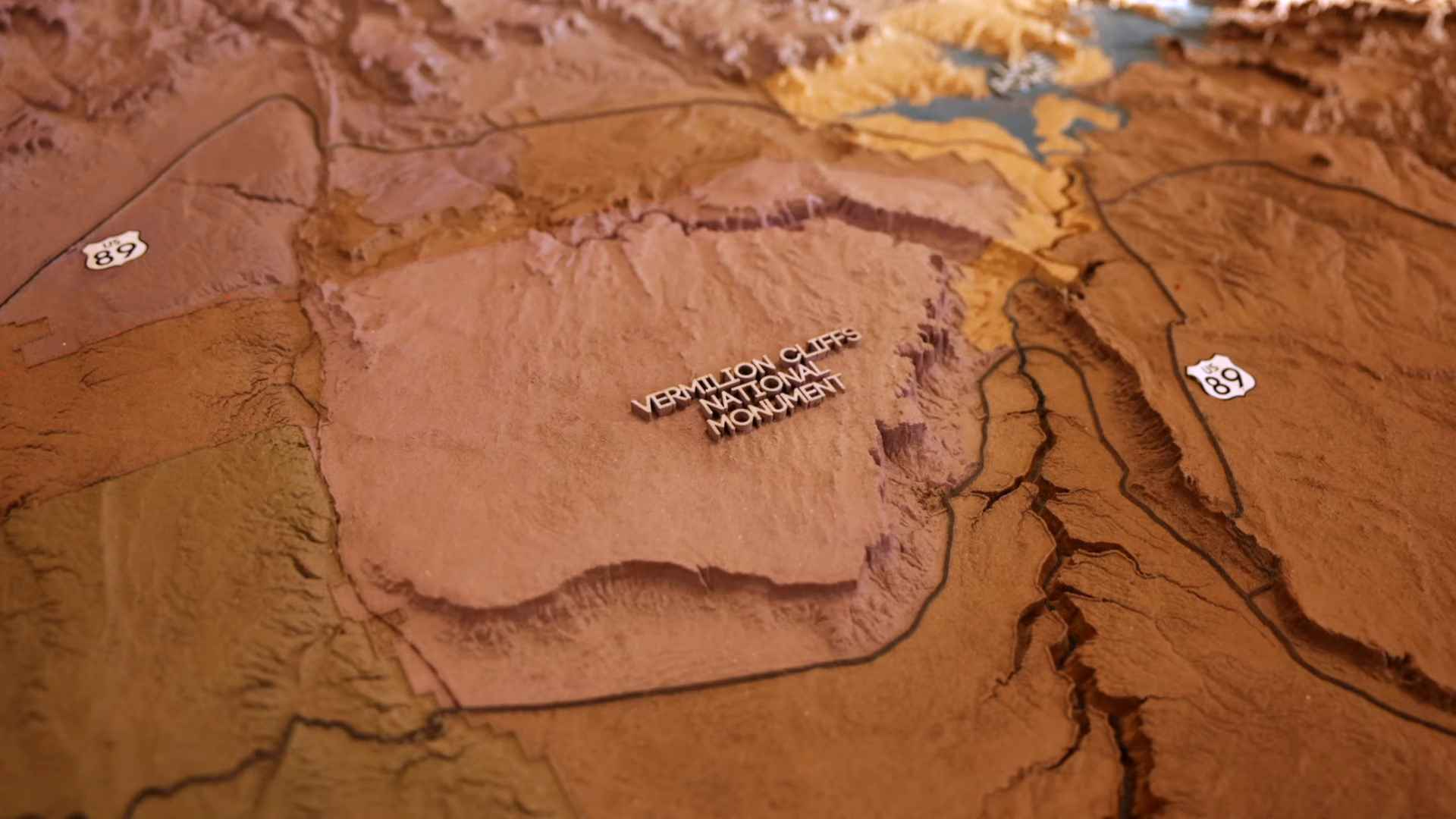 3D relief map showing the Vermilion Cliffs National Monument area with nearby highways marked