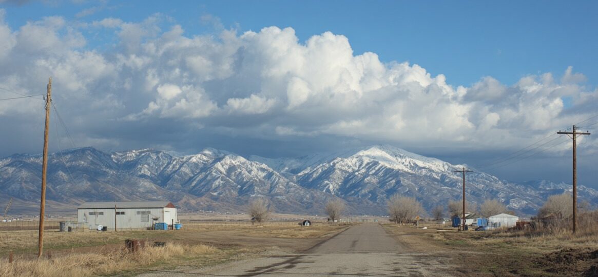 Rural scene in Alton, Utah with a paved country road leading toward snow-covered mountains under a blue sky with dramatic clouds, surrounded by small houses and utility poles