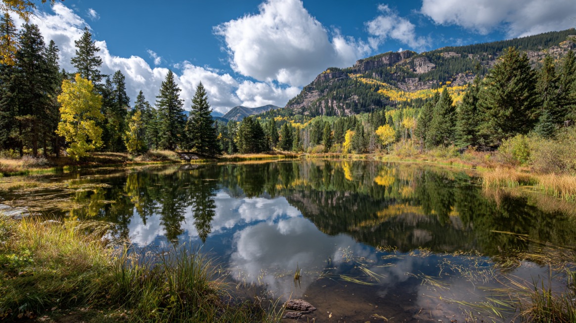 A serene mountain lake surrounded by pine and aspen trees, reflecting the clouds and rugged cliffs in the clear water near Duck Creek Village, Utah