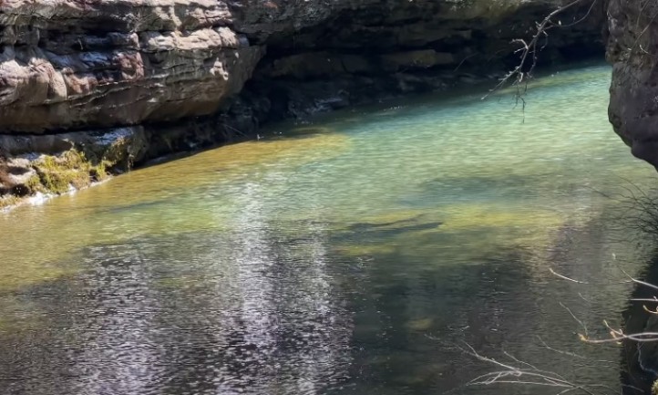 A river flows through a canyon, surrounded by rocks and trees, along the Sentry Bluff Trail