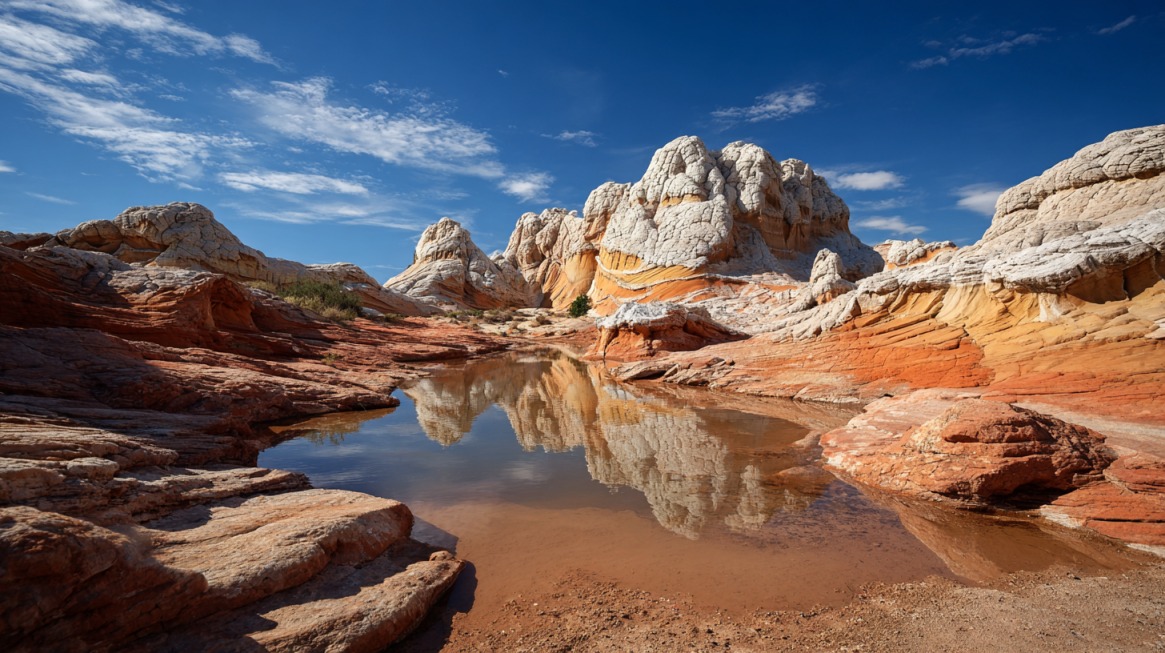 Shallow water reflecting layered red, orange, and white rock formations under a bright blue sky at White Pocket, Arizona