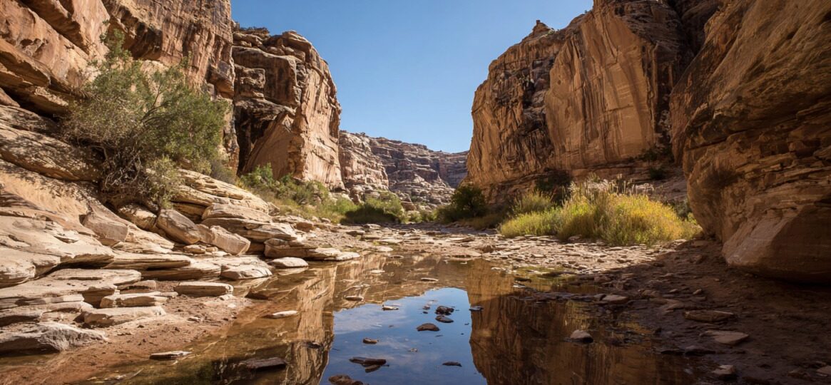 Scenic view of a rocky desert canyon with towering sandstone cliffs, a shallow reflective pool, and sparse desert vegetation under a clear blue sky near Big Water, Utah