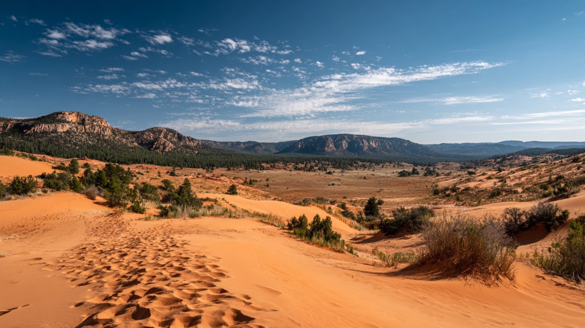 Expansive orange sand dunes with scattered shrubs and mountain ranges in the distance under a bright blue sky