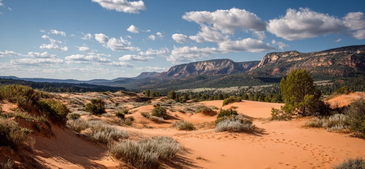 Vast red-orange sand dunes with sparse vegetation and distant rocky cliffs under a blue sky with scattered clouds