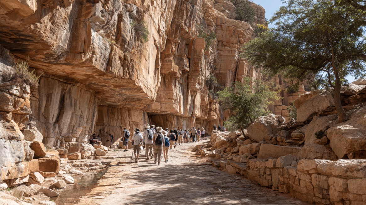 Group of hikers walking through a rocky canyon with towering sandstone cliffs and sparse trees near Mt. Carmel, Utah