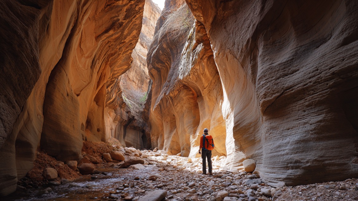 A hiker wearing a backpack stands in a tall, winding sandstone slot canyon illuminated by sunlight filtering through the narrow opening above in Big Water, Utah