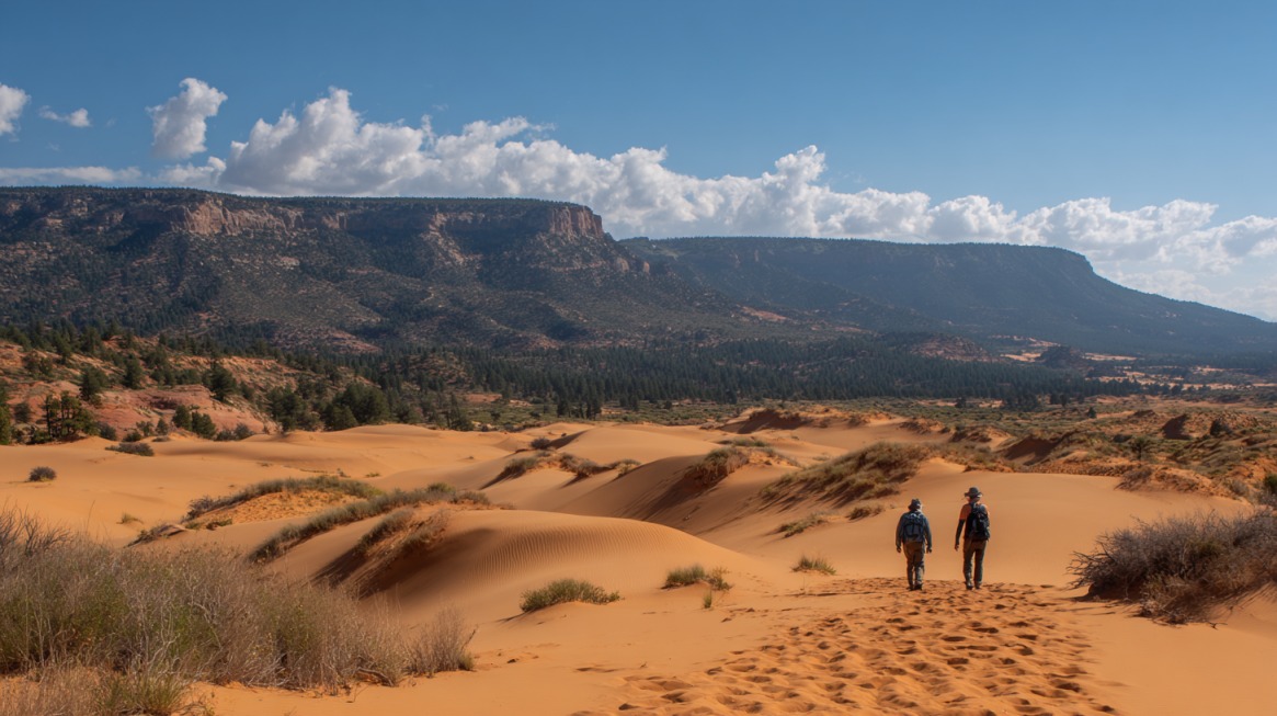Two hikers walk across orange sand dunes with shrubs, surrounded by distant cliffs and a bright blue sky