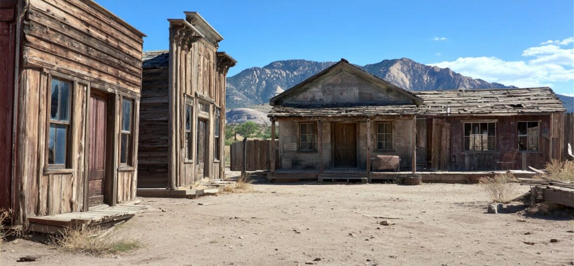Old wooden buildings of the abandoned Gunsmoke movie set in Utah with mountains in the background