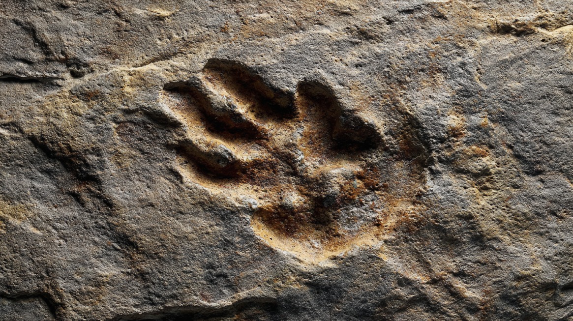 Close-up of a fossilized three-toed dinosaur footprint embedded in textured rock near Big Water, Utah