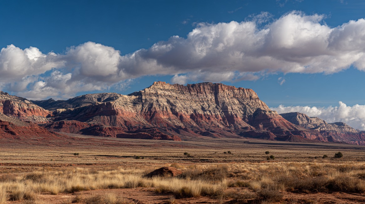 Vermilion Cliffs National Monument landscape with layered red and white rock formations under a partly cloudy sky