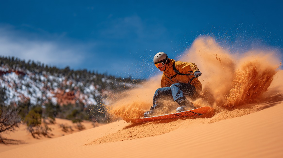 A person wearing a helmet and goggles rides a sandboard down bright orange dunes, kicking up sand against a blue sky