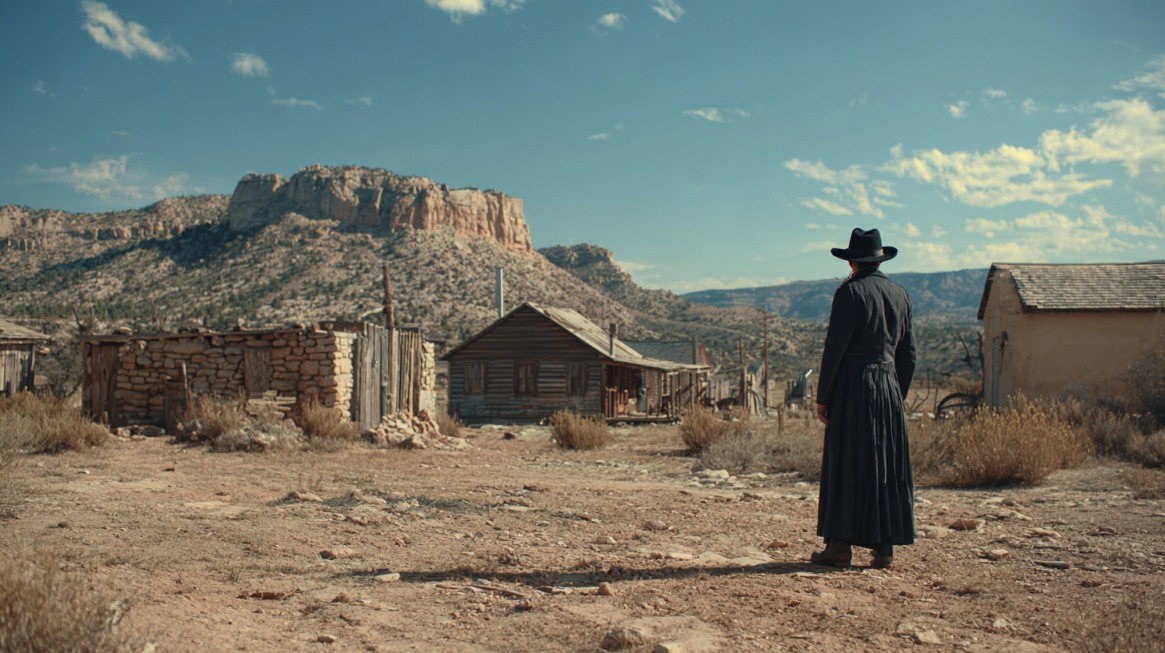 Person in a black hat and coat facing old wooden buildings in an abandoned Western film set with desert mountains in the background