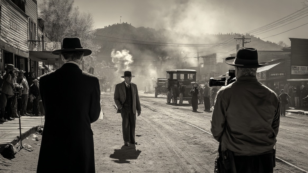 Black-and-white photo of Gunsmoke filming in Kanab, Utah, with actors in cowboy attire on a Western street set.