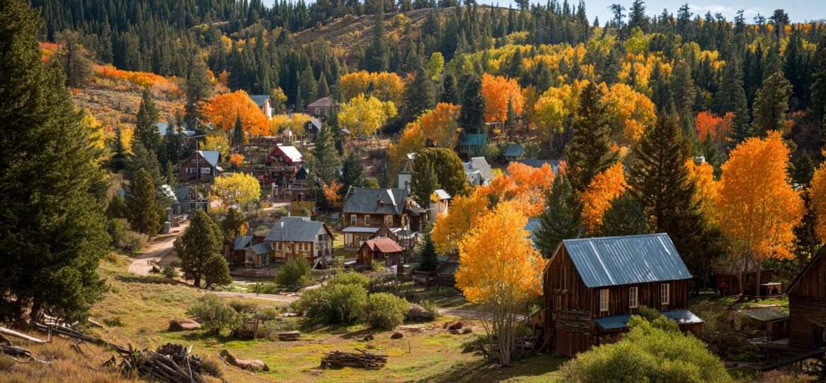 A picturesque autumn view of Duck Creek Village, Utah, with rustic cabins surrounded by colorful fall foliage and pine trees in a mountain valley