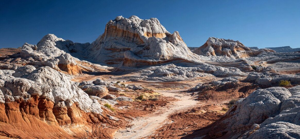 Shallow water reflecting layered red, orange, and white rock formations under a bright blue sky at White Pocket, Arizona