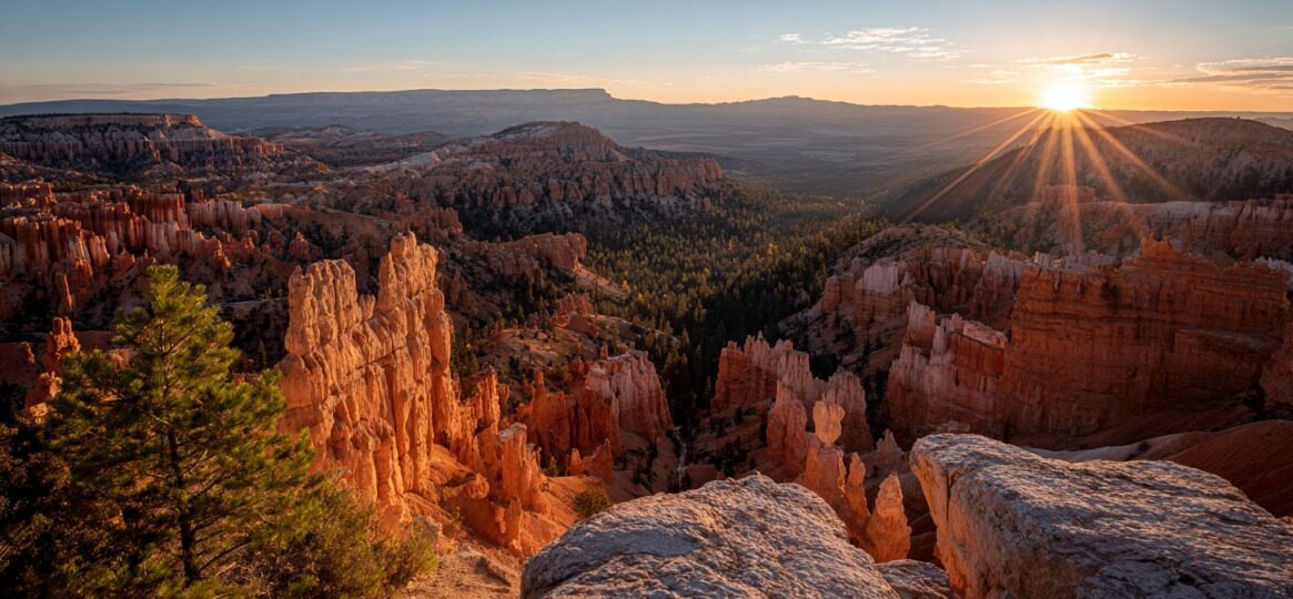 Sun rising above orange rock formations and forested valleys in a canyon
