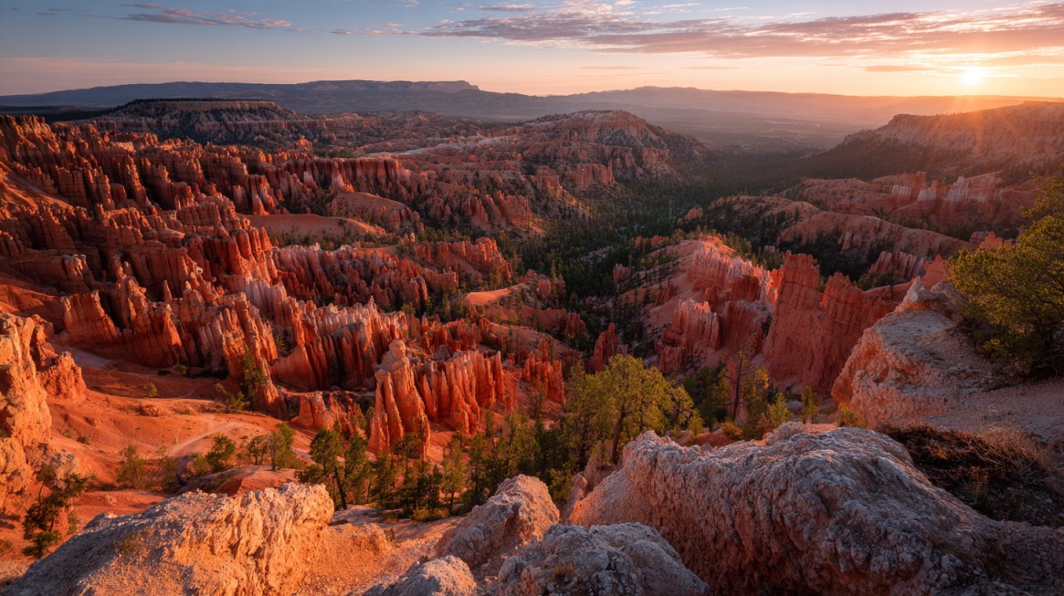 Wide view of orange hoodoos and forested valleys at sunrise in a canyon