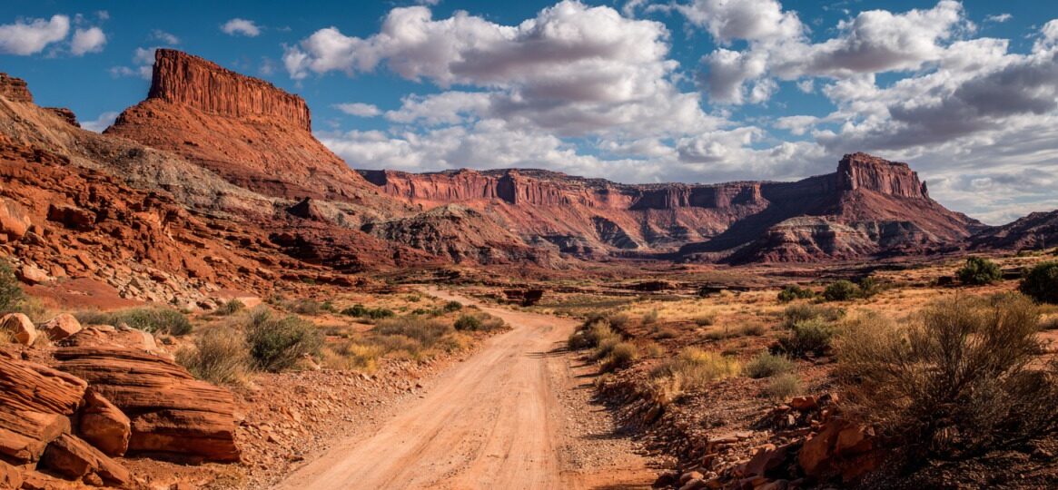 Unpaved road winding through red rock canyons and mesas under a blue sky