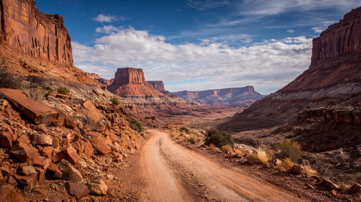 Dirt road winding through red rock canyon terrain in Canyonlands