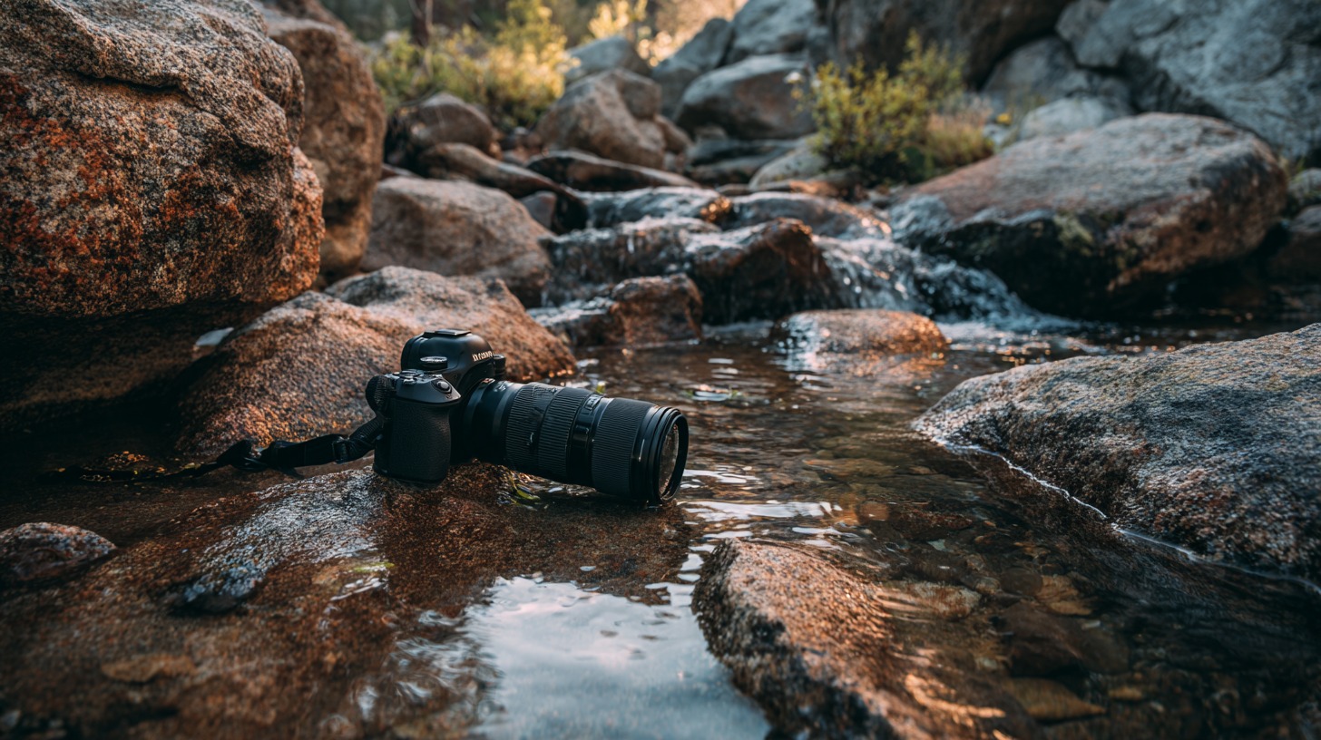 Camera placed on rocks in shallow flowing water surrounded by stones