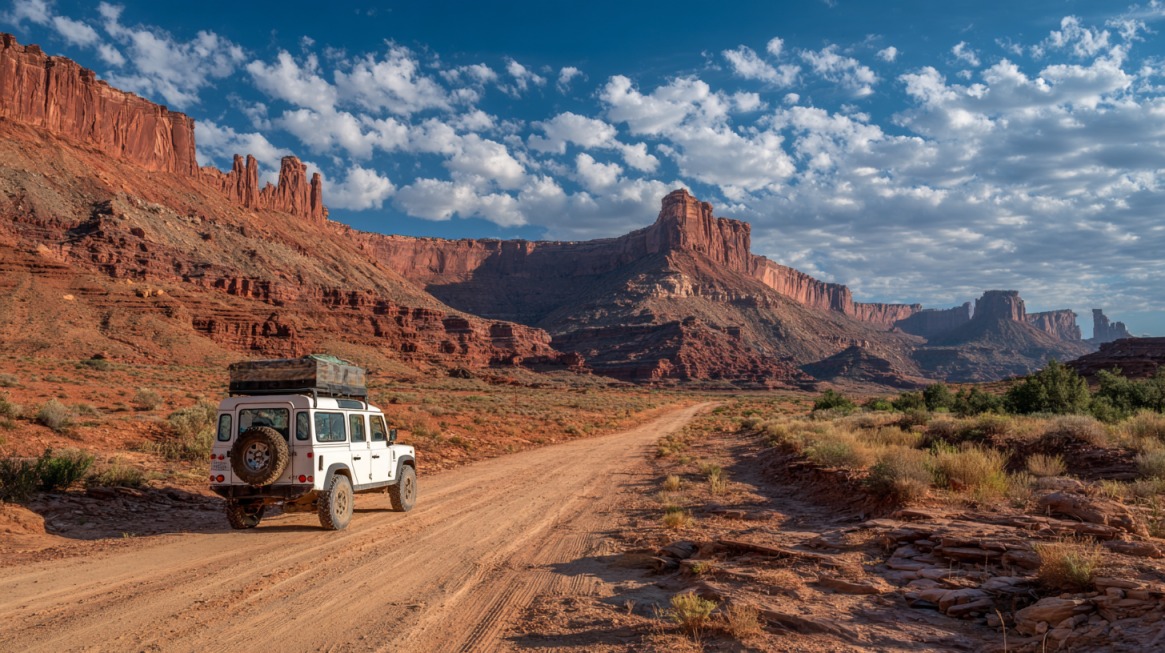 Four wheel drive vehicle traveling on a dirt road through red rock canyon terrain