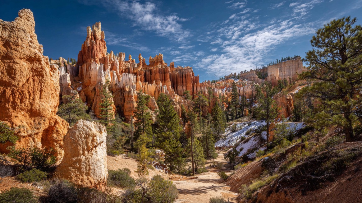 Hiking trail winding through tall orange hoodoos and pine trees in a canyon