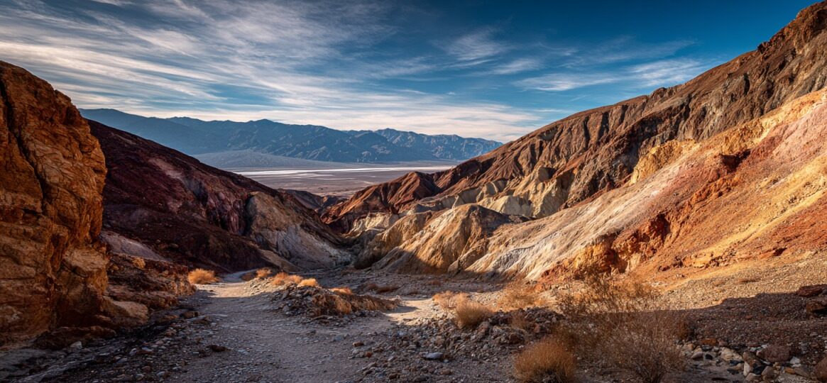 Rocky desert trail winding through colorful canyon walls with distant mountains under a blue sky in Death Valley