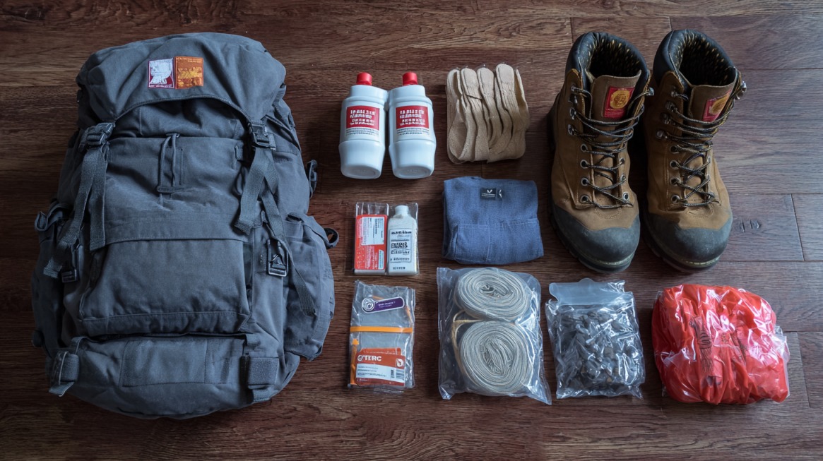 Backpack, hiking boots, gloves, water bottles, rope, and emergency supplies neatly arranged on a wooden floor