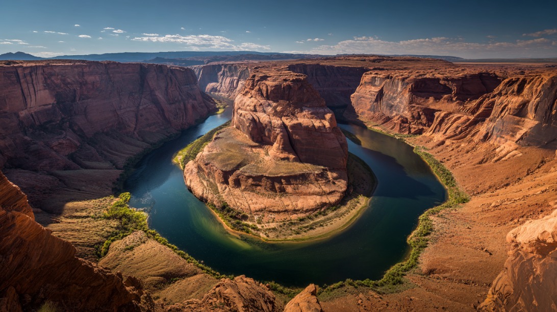 Panoramic view of Horseshoe Bend with the Colorado River curving around towering red rock cliffs in bright daylight