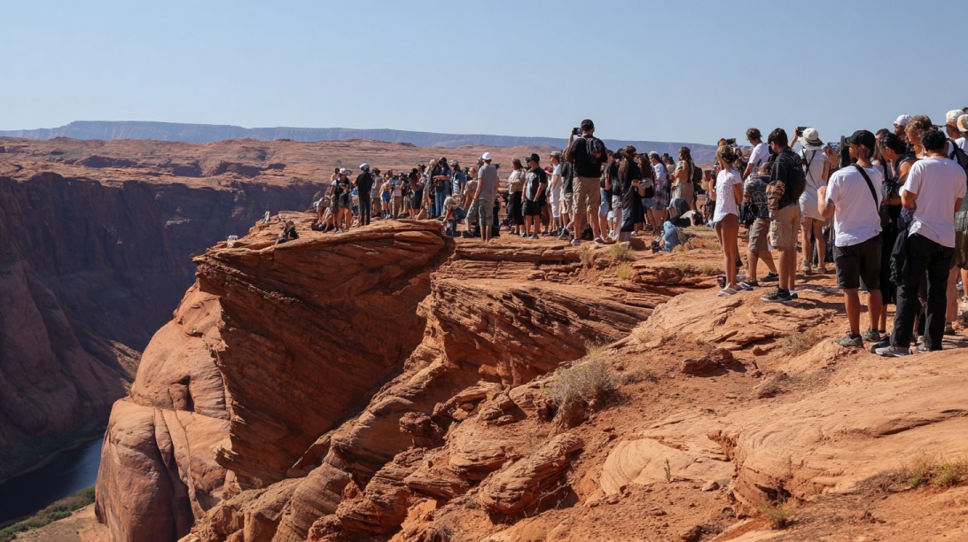 Large crowd of tourists standing on a red rock cliff overlooking a deep canyon and river below