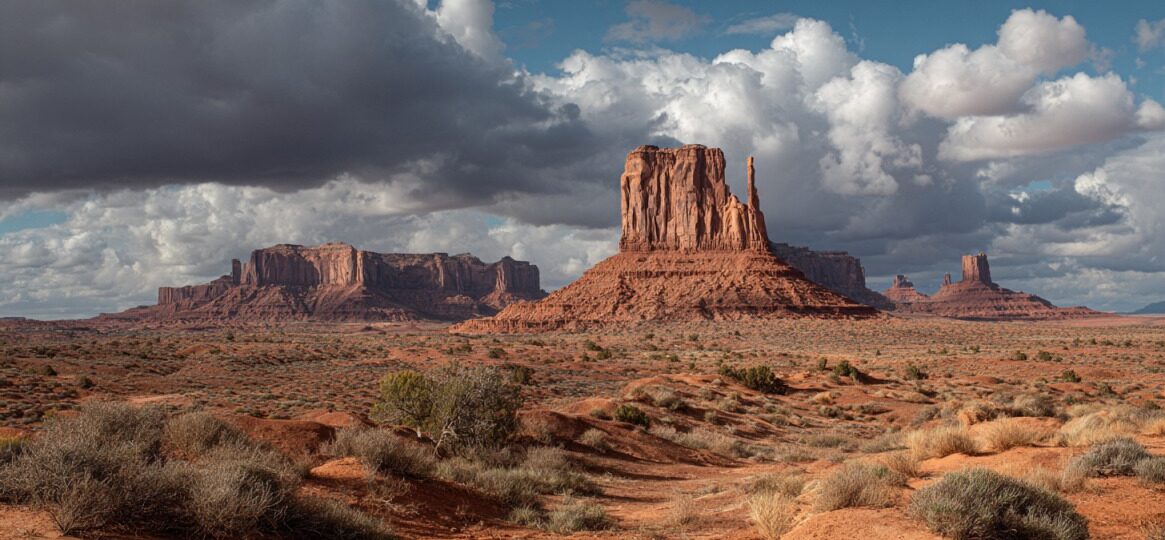 Wide desert landscape featuring iconic red rock buttes and mesas under dramatic clouds in Monument Valley